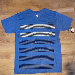 Volcom Blue and Black Striped Tee